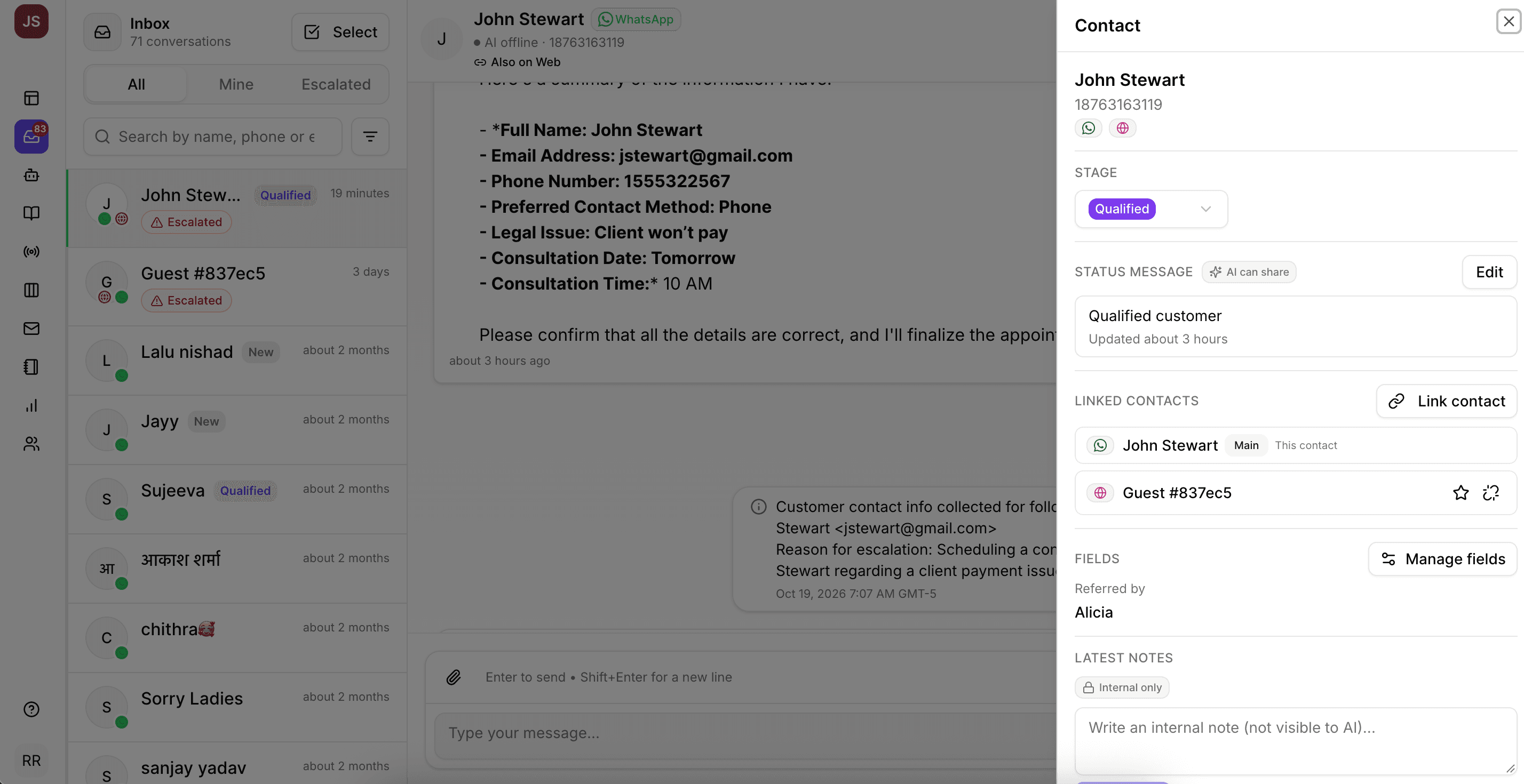 CXWizard inbox with contact 360 profile
