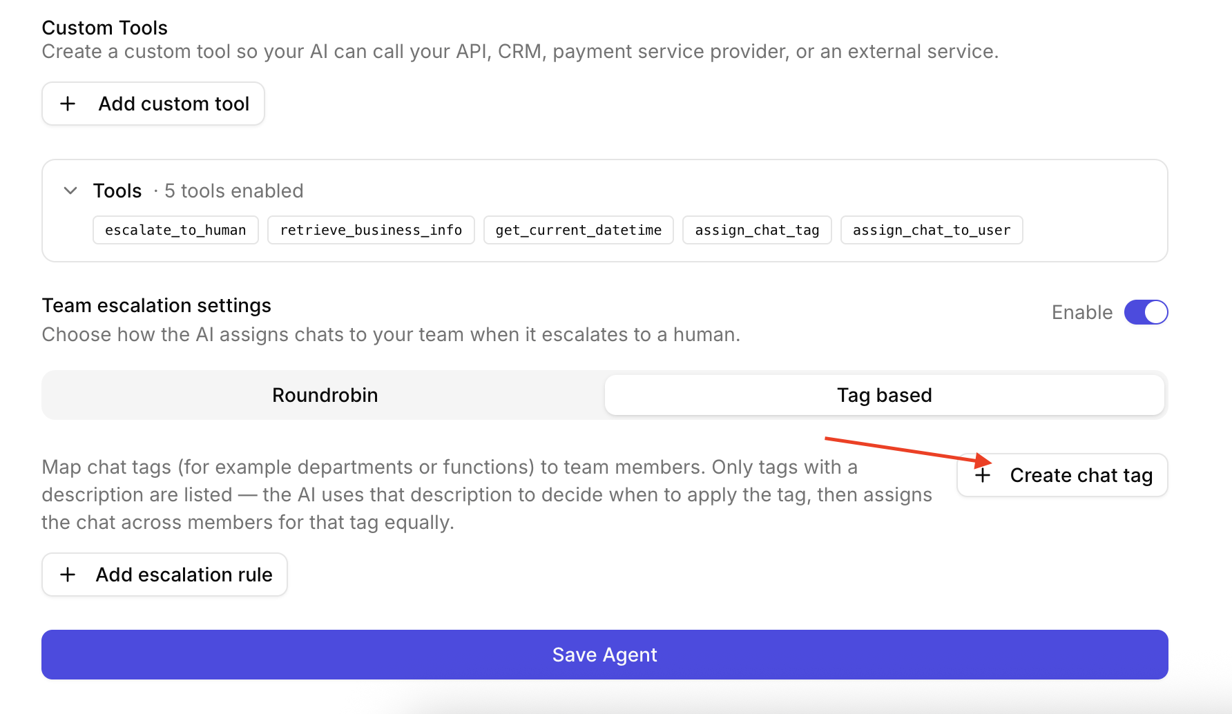 Create chat tag button in tag-based escalation settings