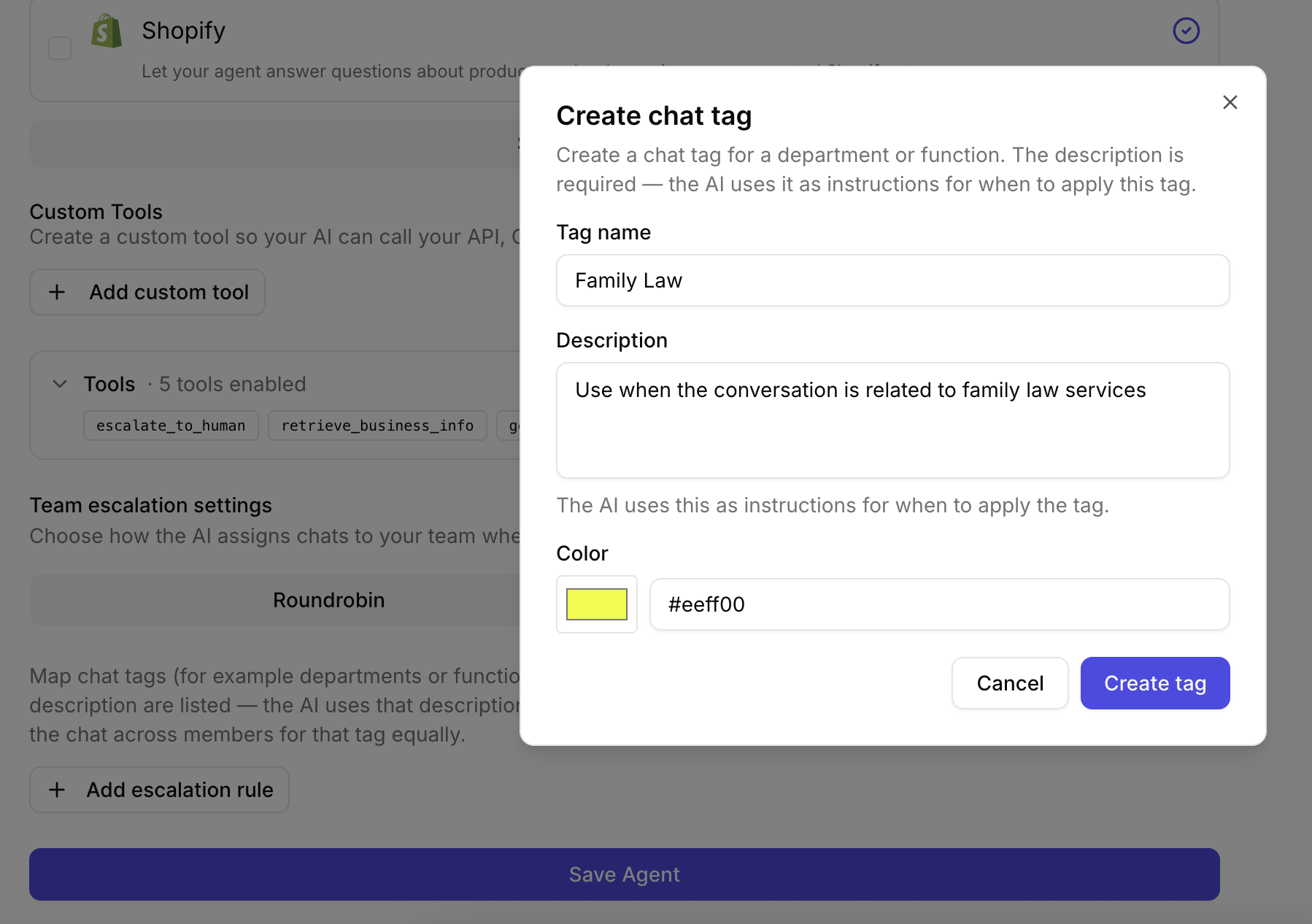 Create chat tag modal with name, description, and color