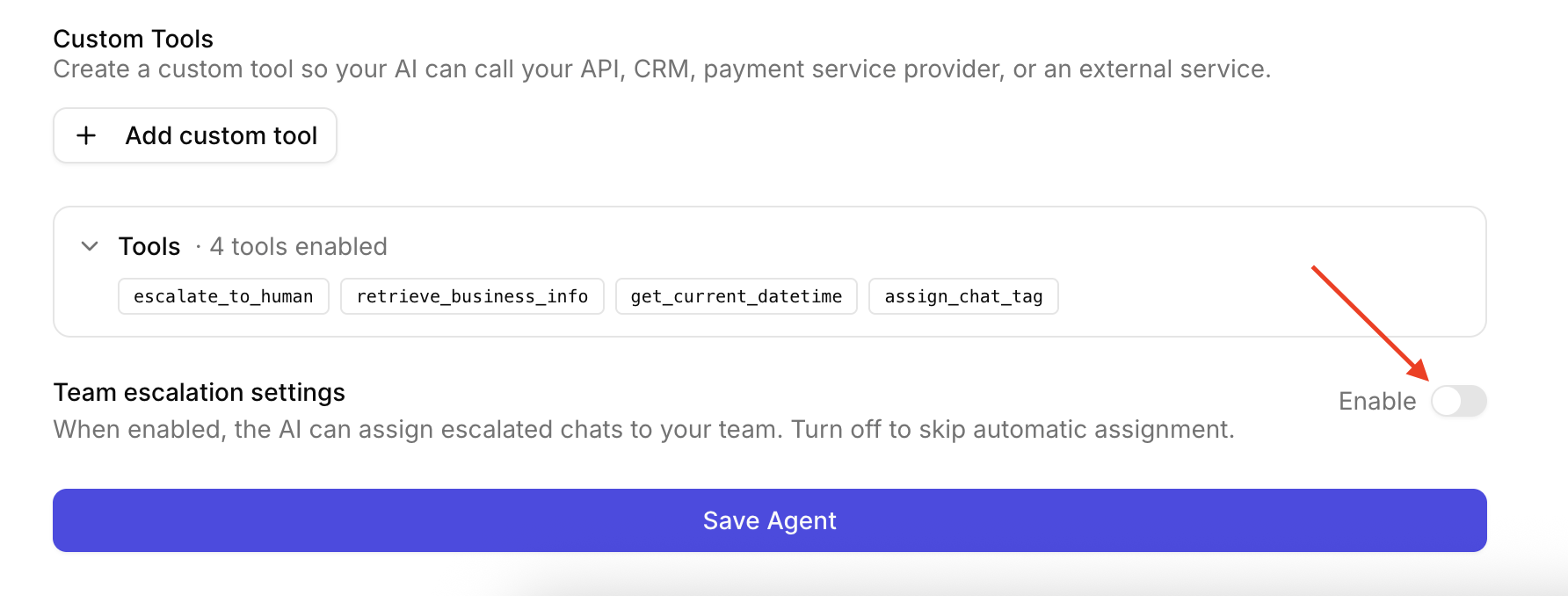 Team escalation settings toggle on the agent form