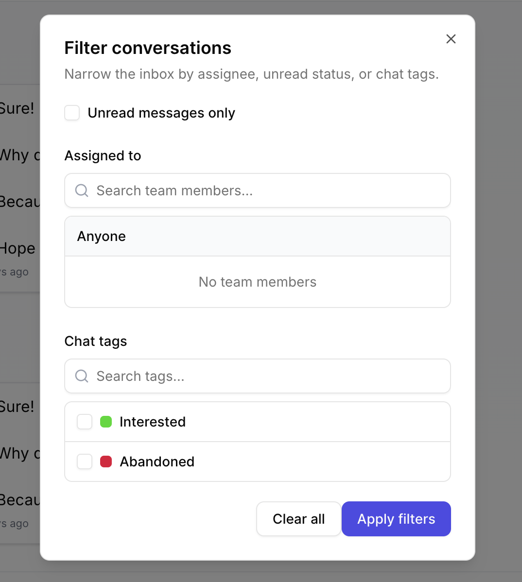 Select tags to filter the inbox