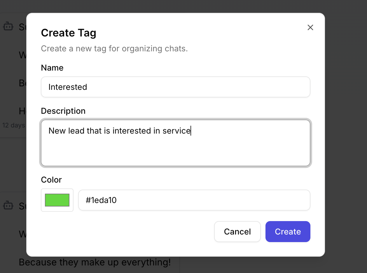 Create tag form with name, color, and description