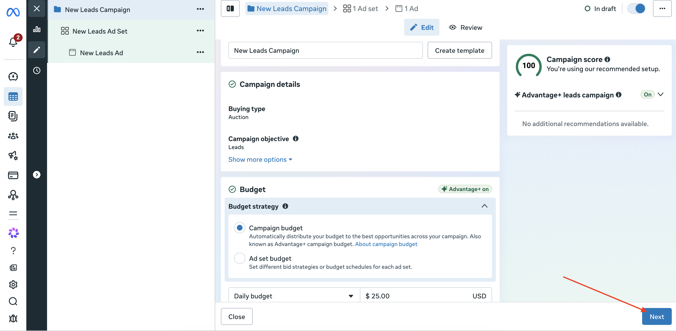 Campaign setup screen with campaign name, Leads objective, budget settings, and Next button