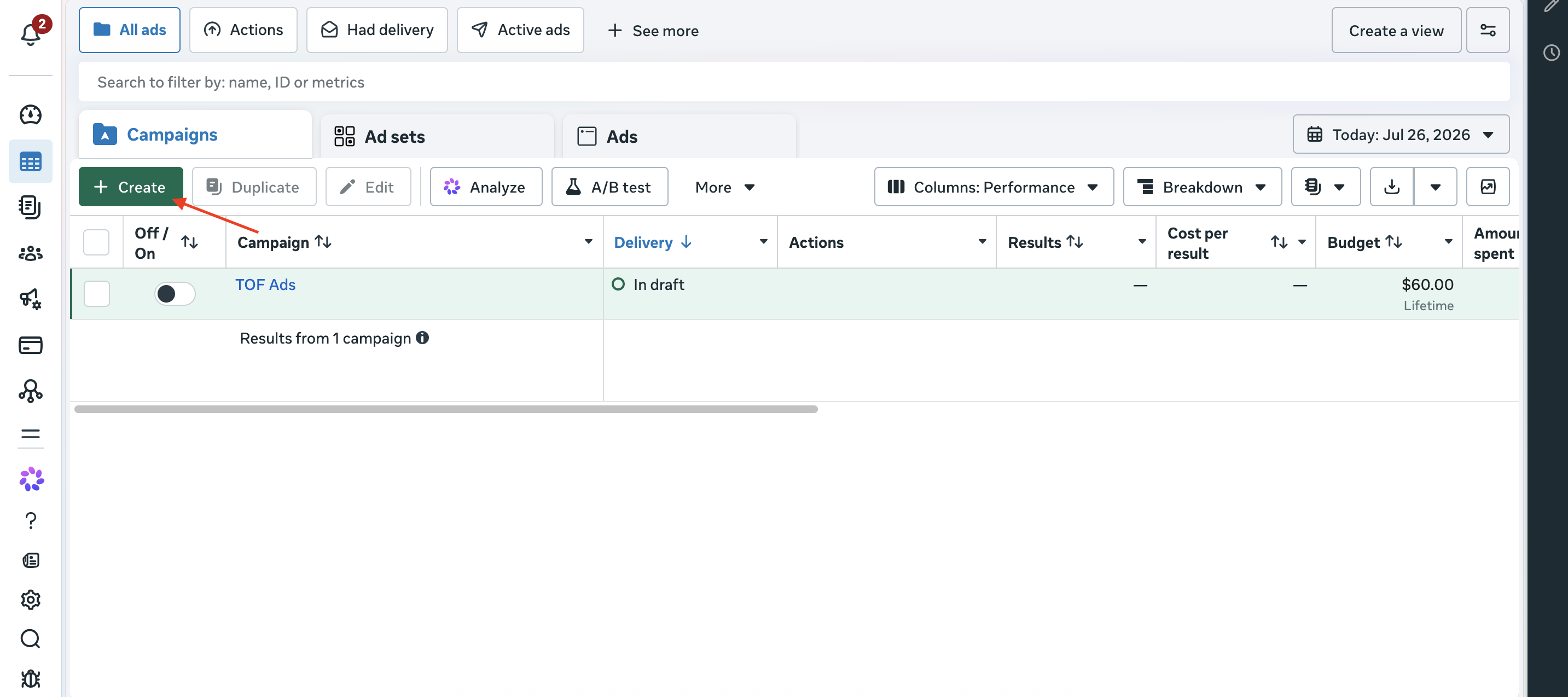 Meta Ads Manager Campaigns tab with the Create button highlighted