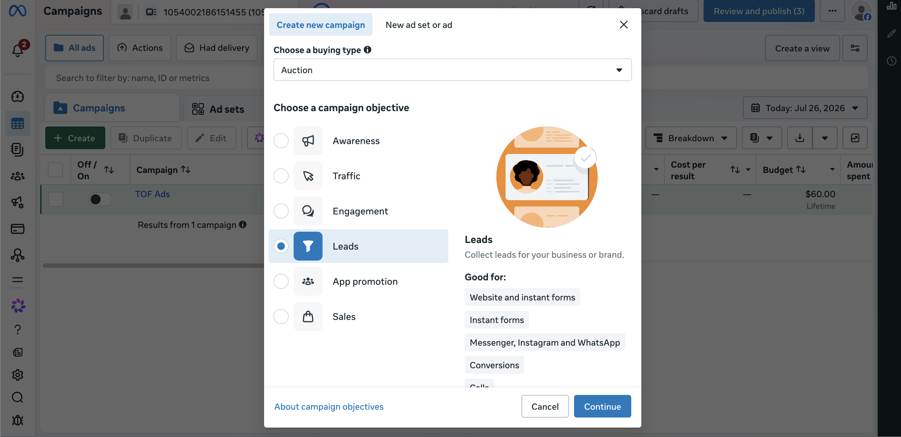 Create new campaign modal with the Leads objective selected