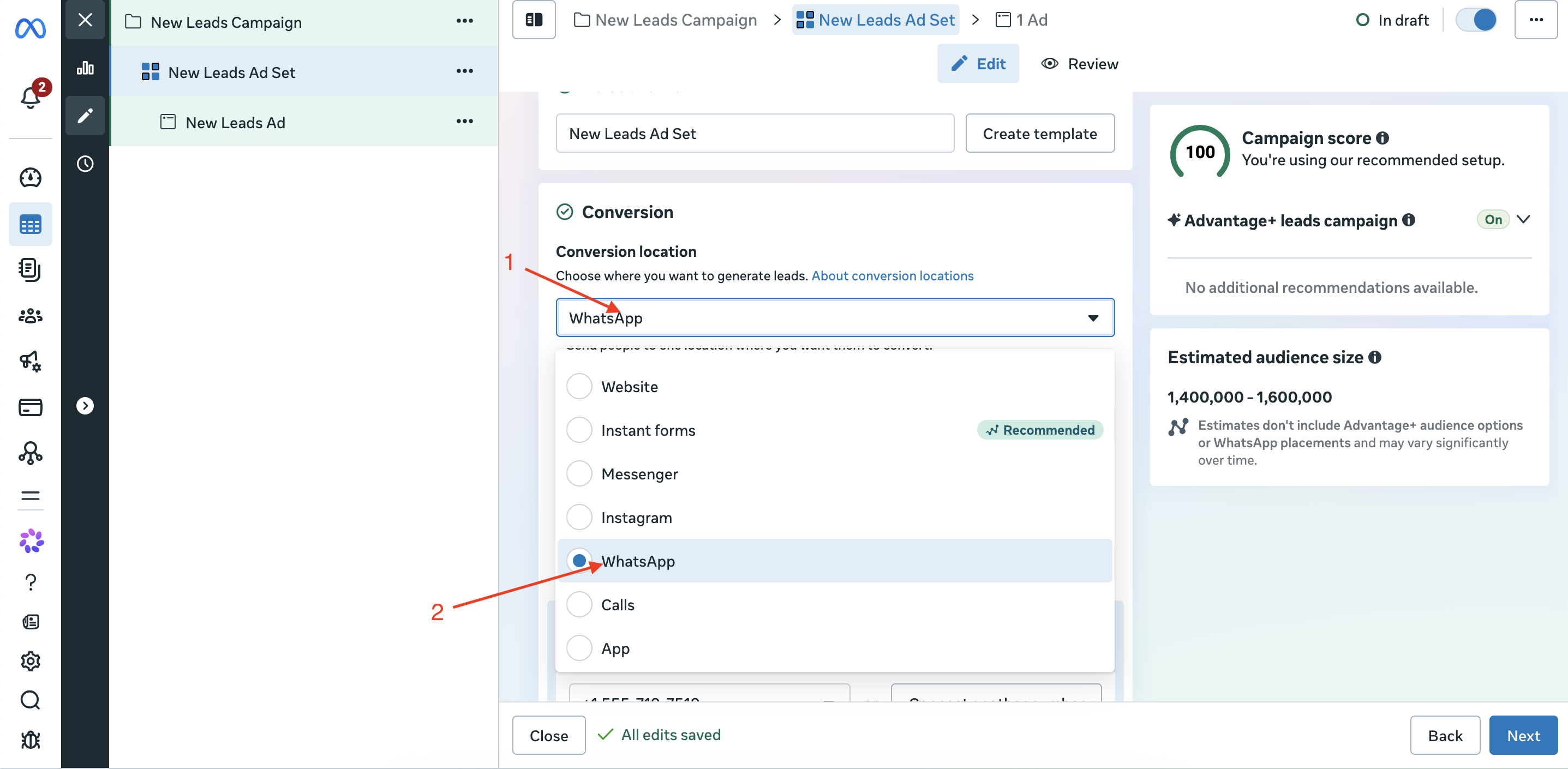 Ad set Conversion location dropdown with WhatsApp selected