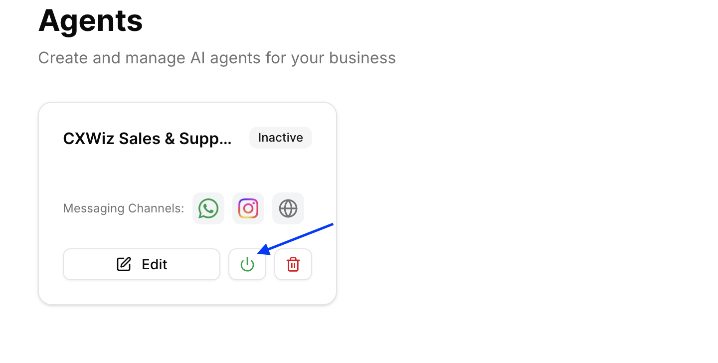 Enable agent using the power toggle on the agents list