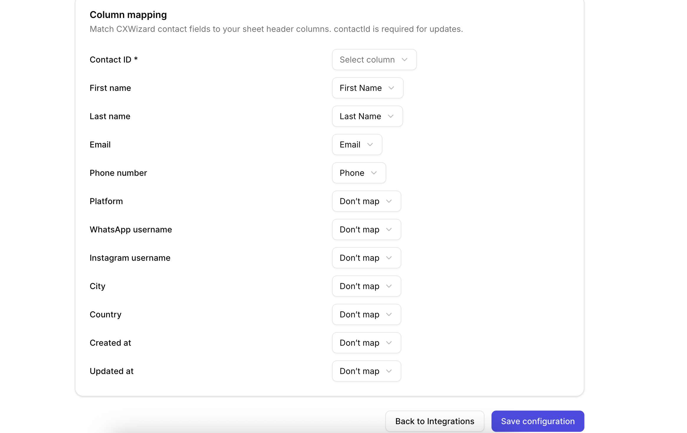 Column mapping with Contact ID required and suggested field matches