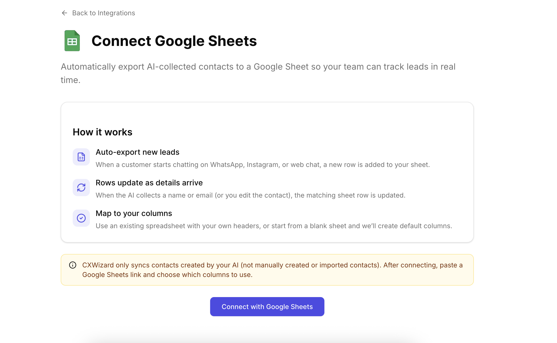 Connect Google Sheets onboarding screen