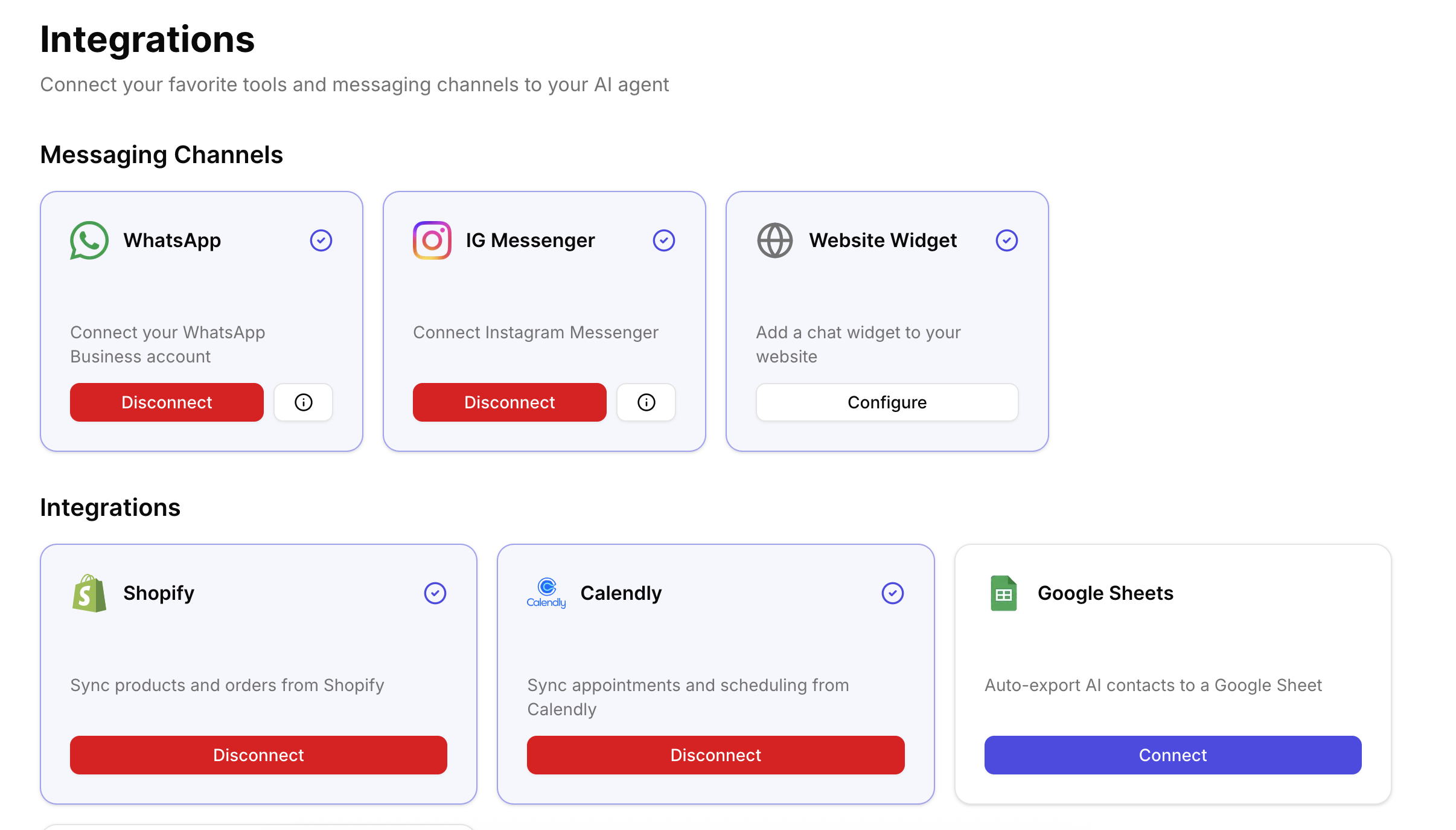 CXWizard Integrations page with Google Sheets Connect button