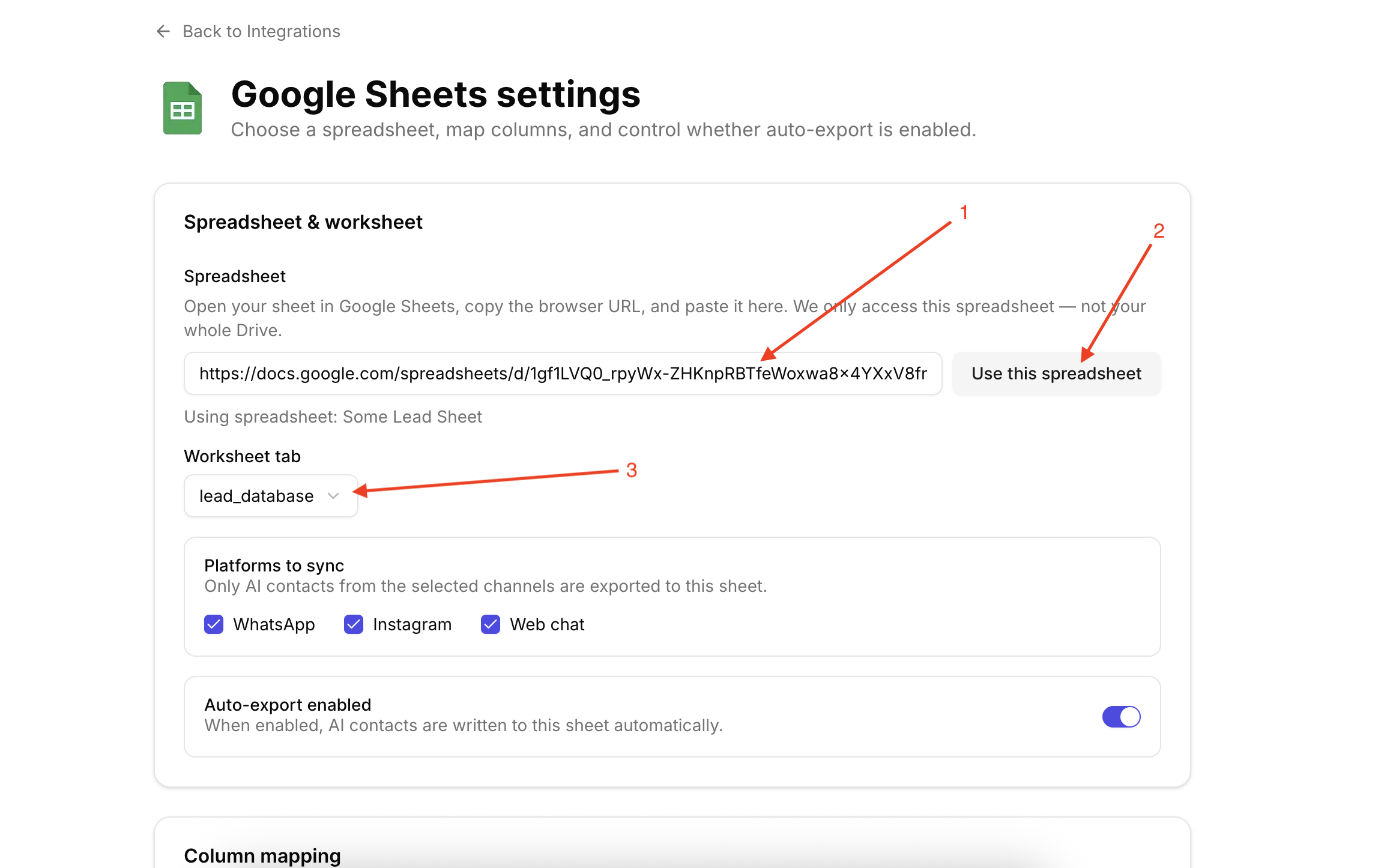 Paste spreadsheet URL, use spreadsheet, and select worksheet tab