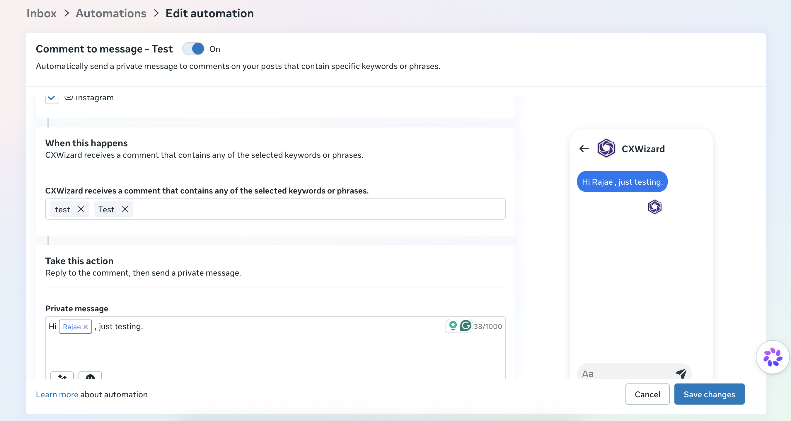 Meta Business Suite Comment to message automation with keywords, private message editor, and Instagram DM preview