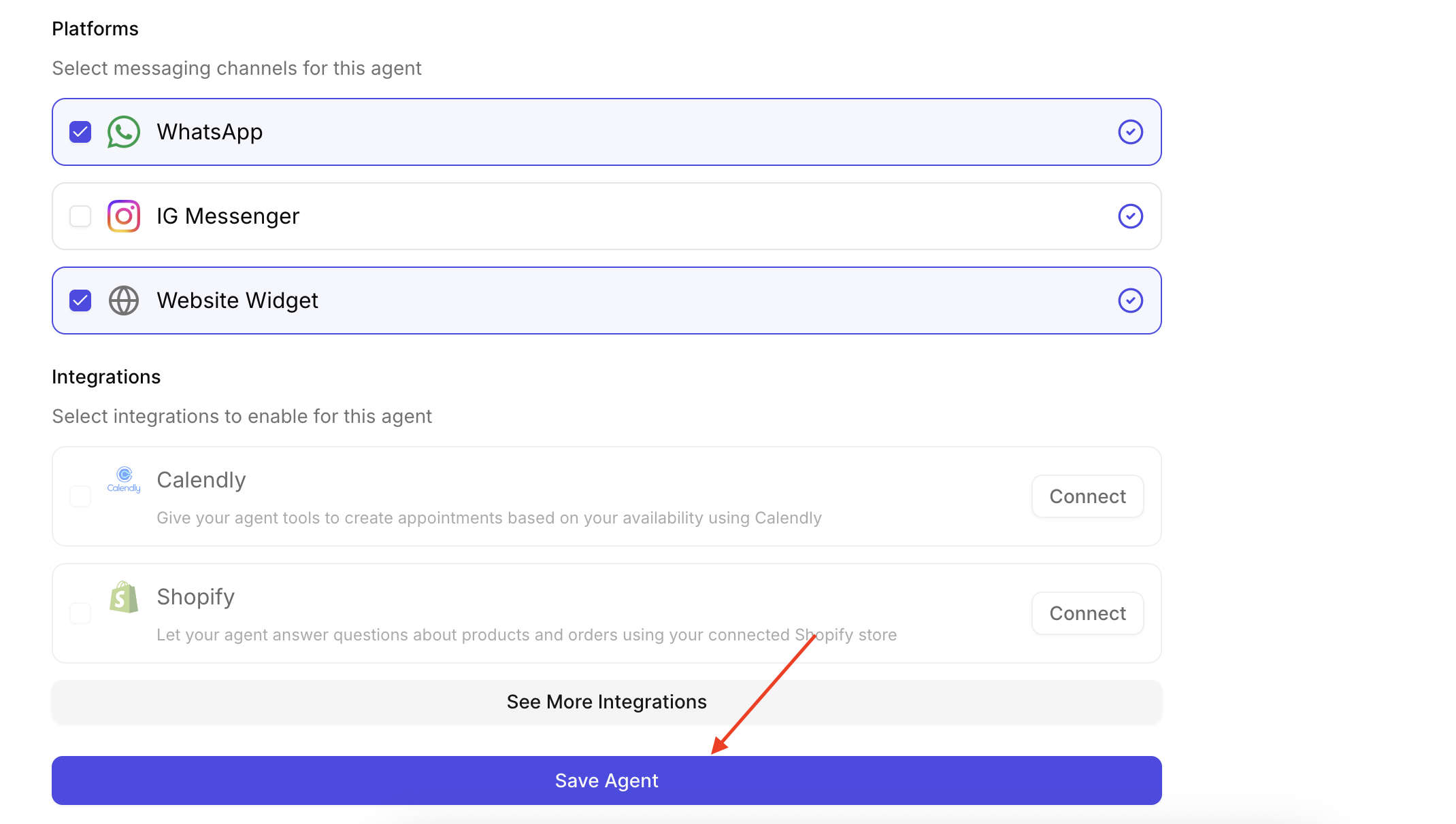Save Agent button at the bottom of the create agent form