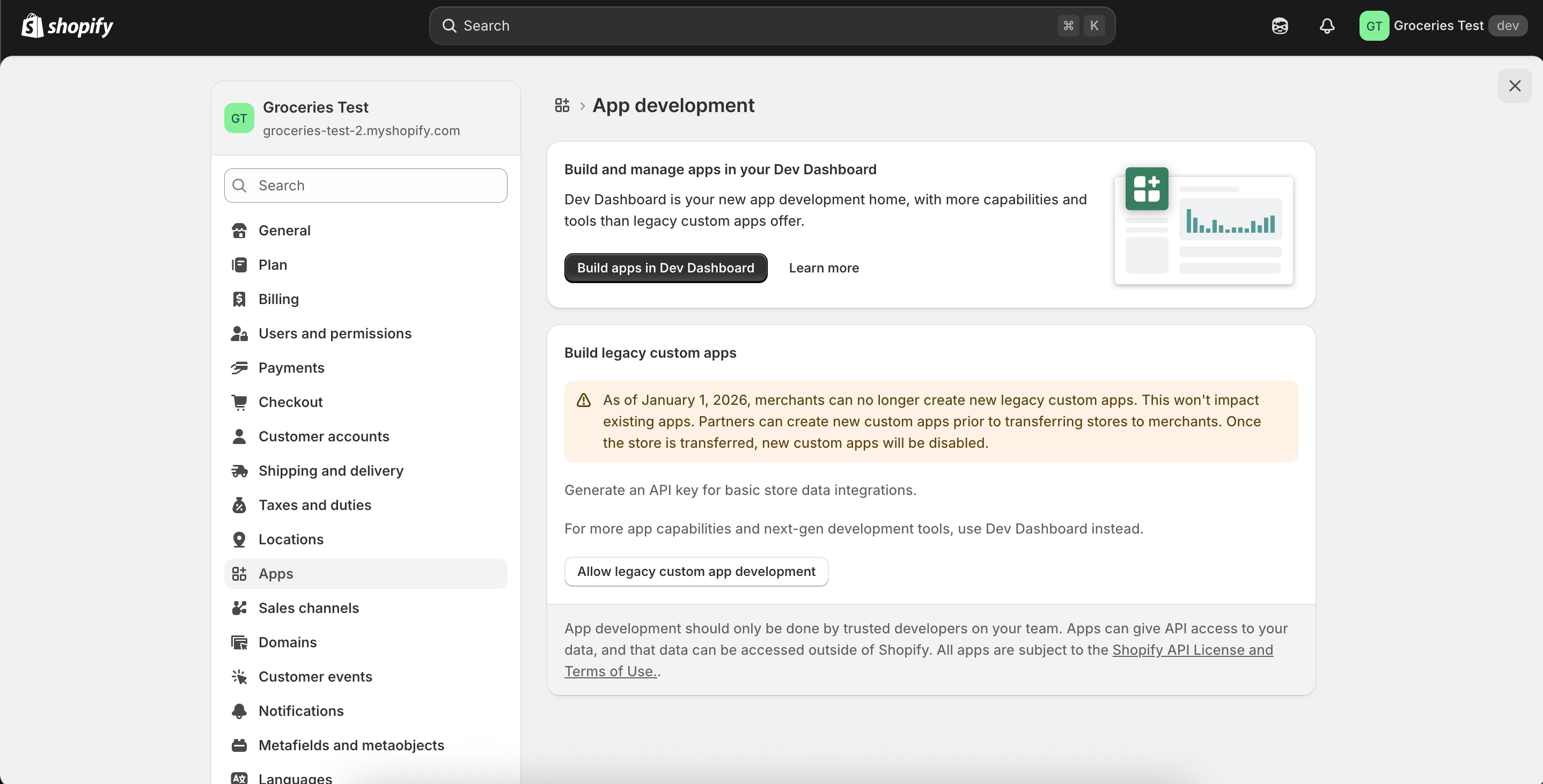 Botón Allow legacy custom app development