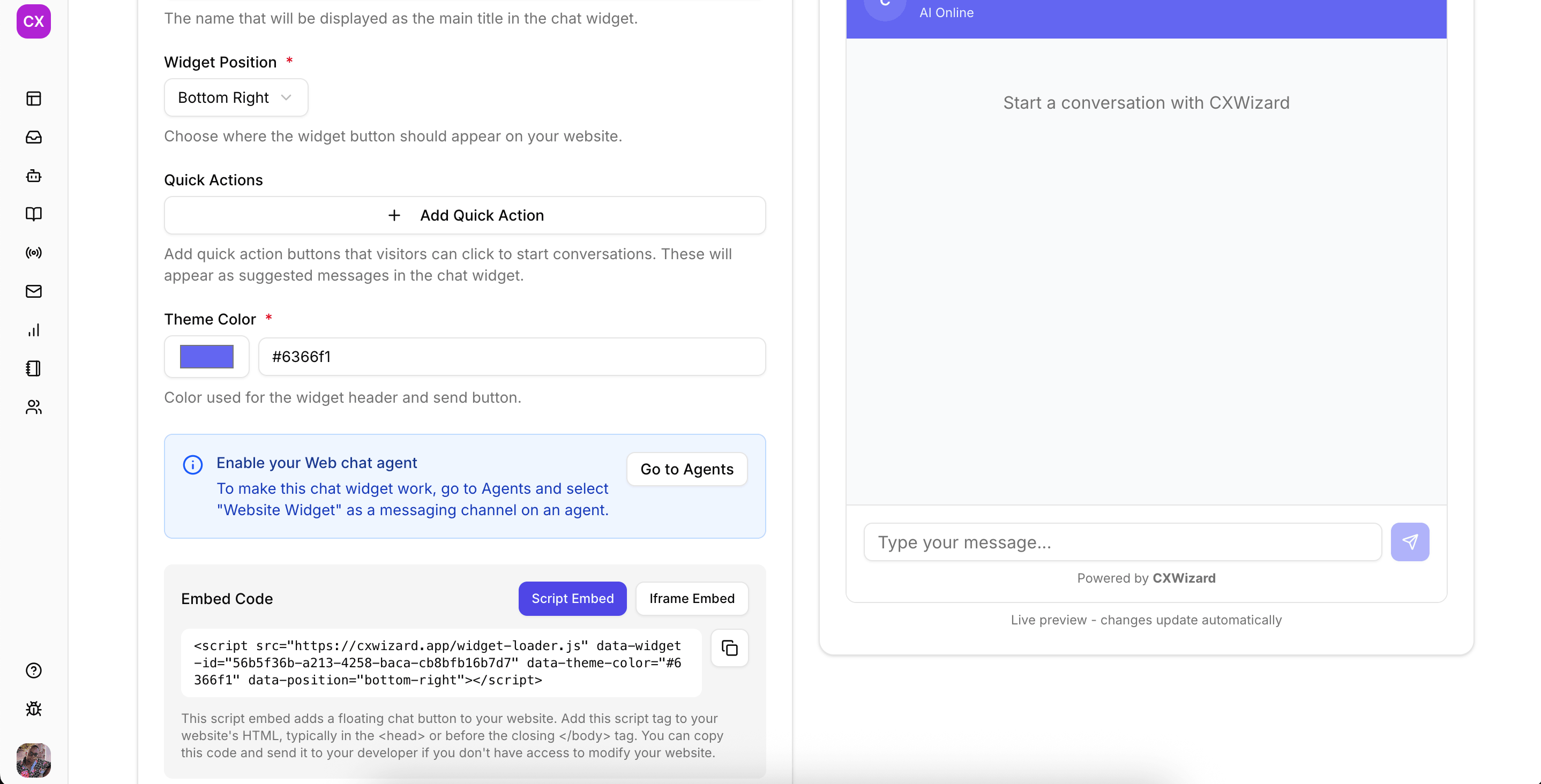 Código de incorporação do Website Widget CXWizard