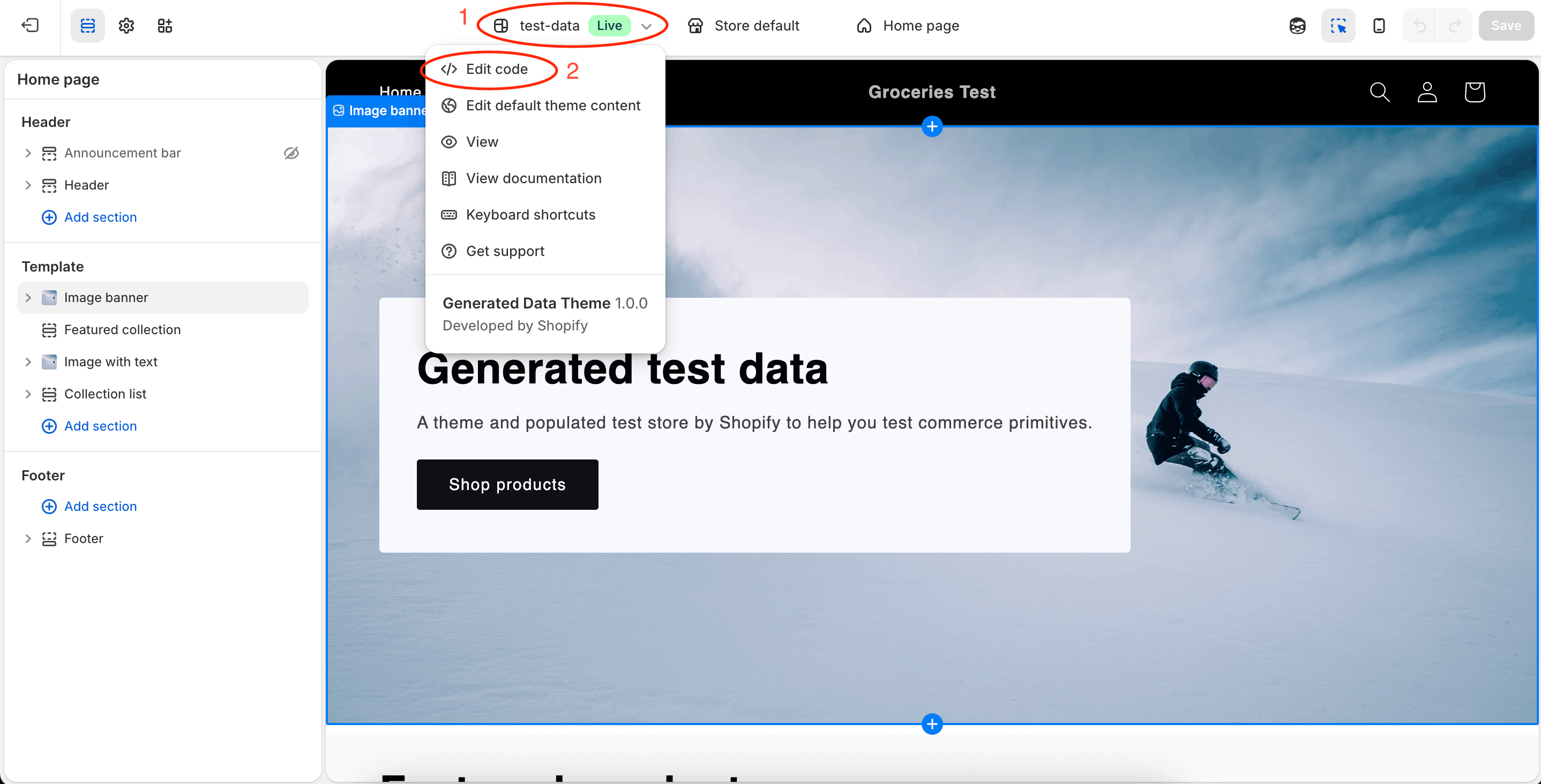 Menu do tema e Edit code