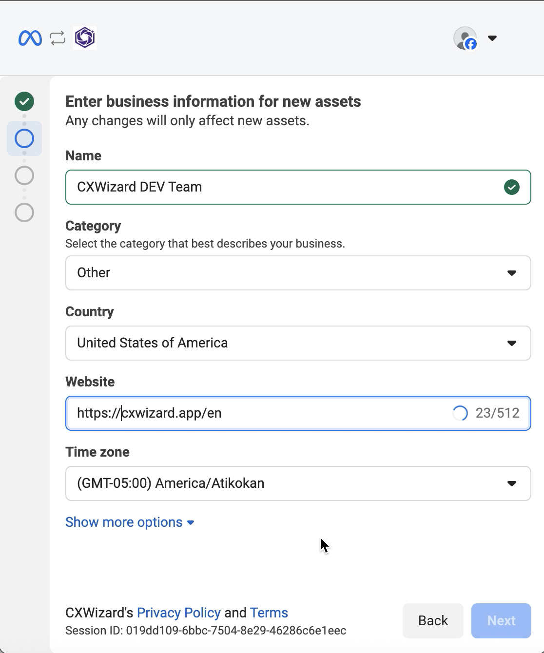 Enter your business information during WhatsApp account setup
