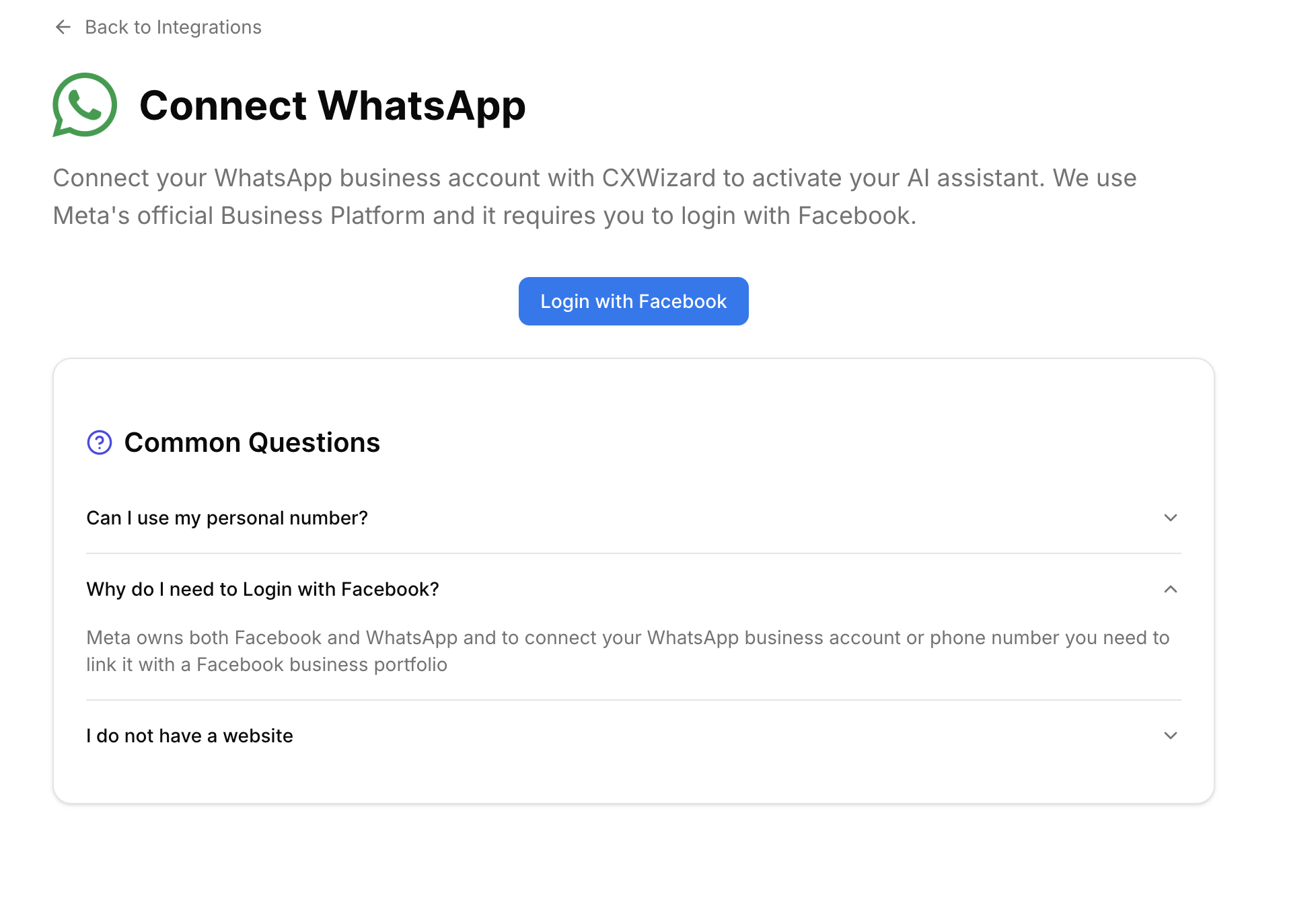 WhatsApp Integration screen in CXWizard