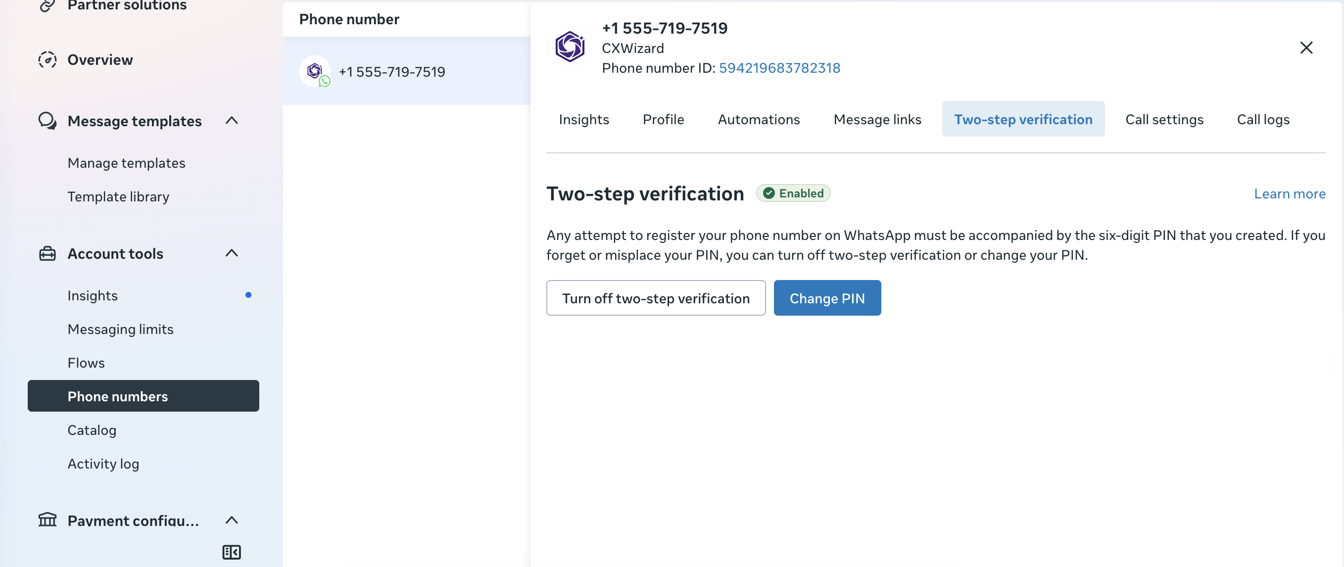 Turn off two-step verification for your WhatsApp phone number