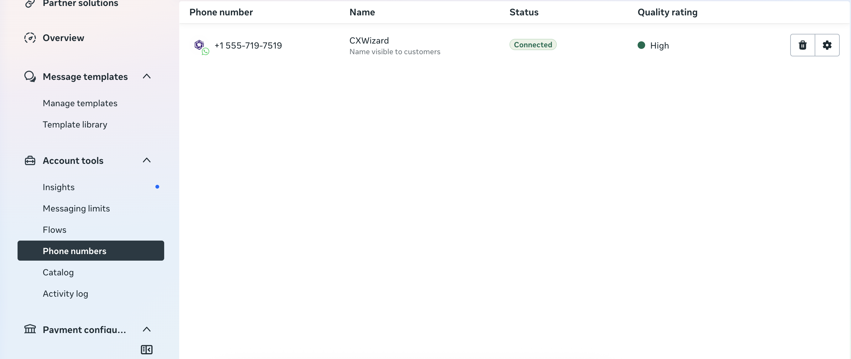 WhatsApp Manager phone numbers list in Meta Business Suite