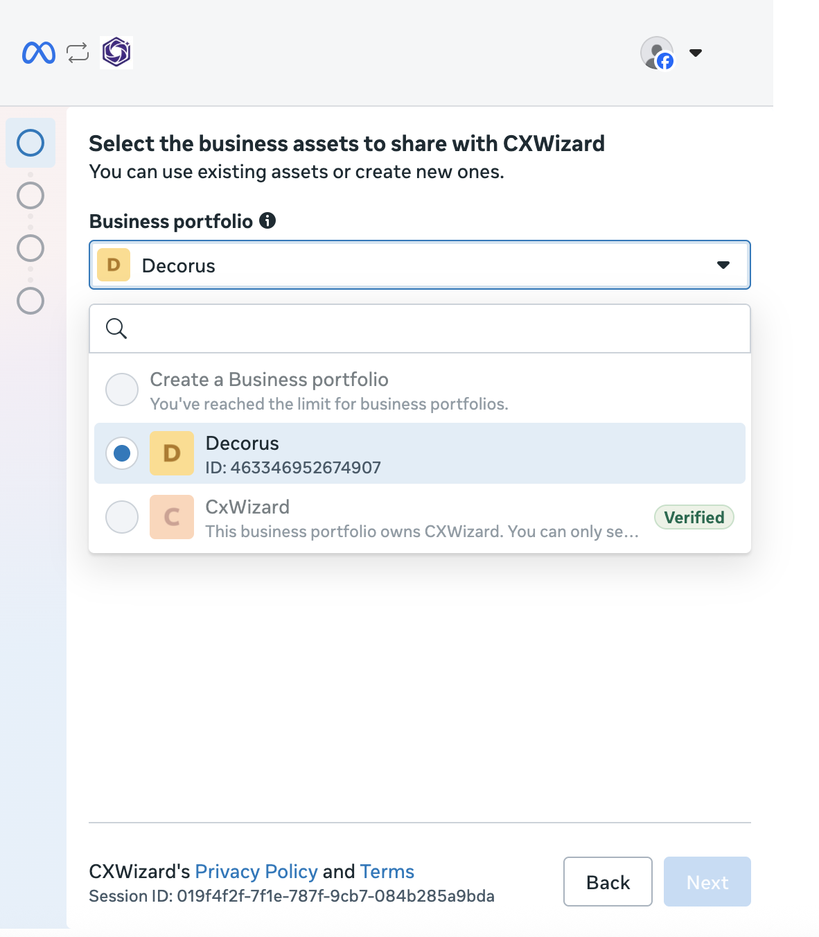 Select an existing Business Portfolio or create a new one