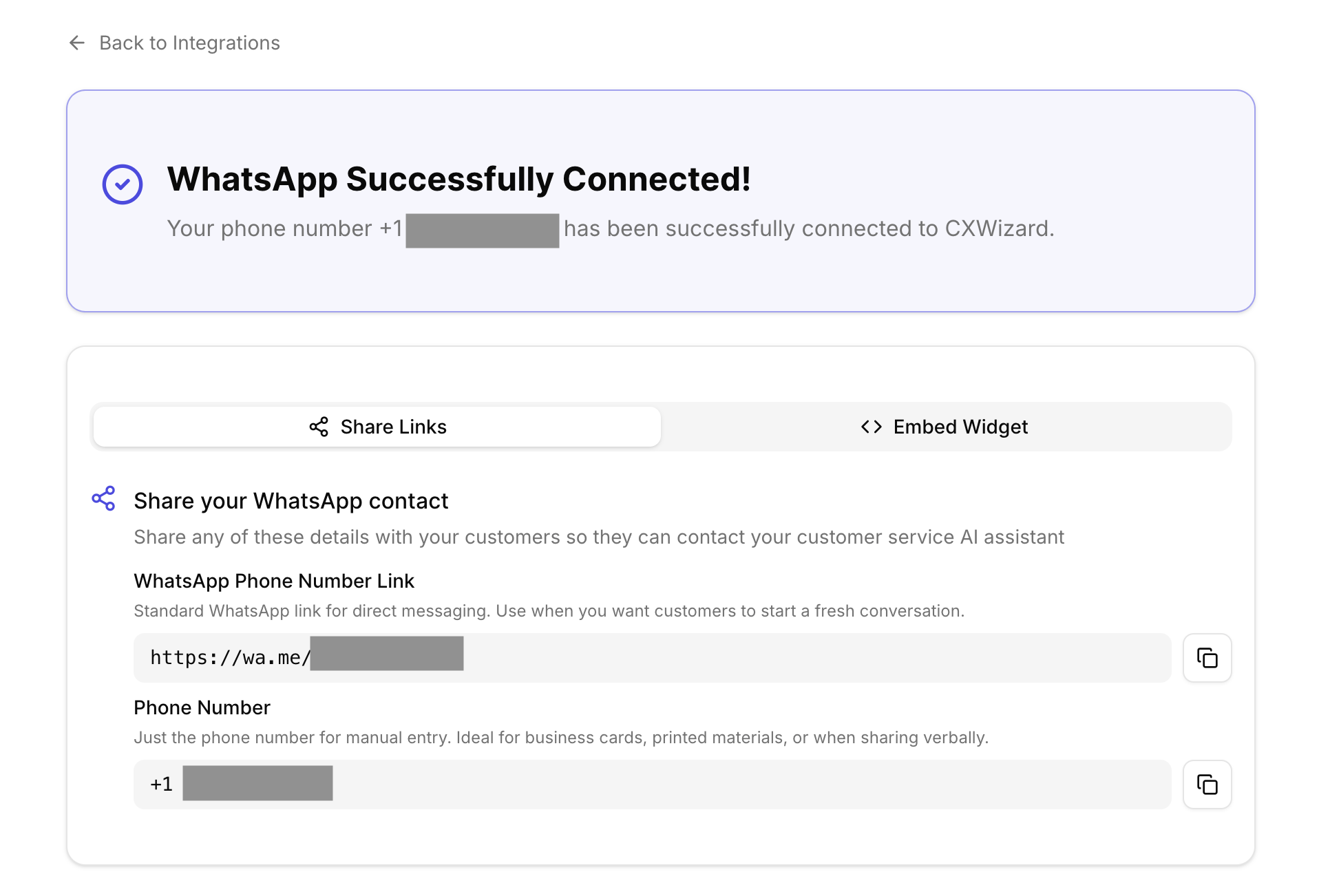 WhatsApp Business account successfully connected to CXWizard