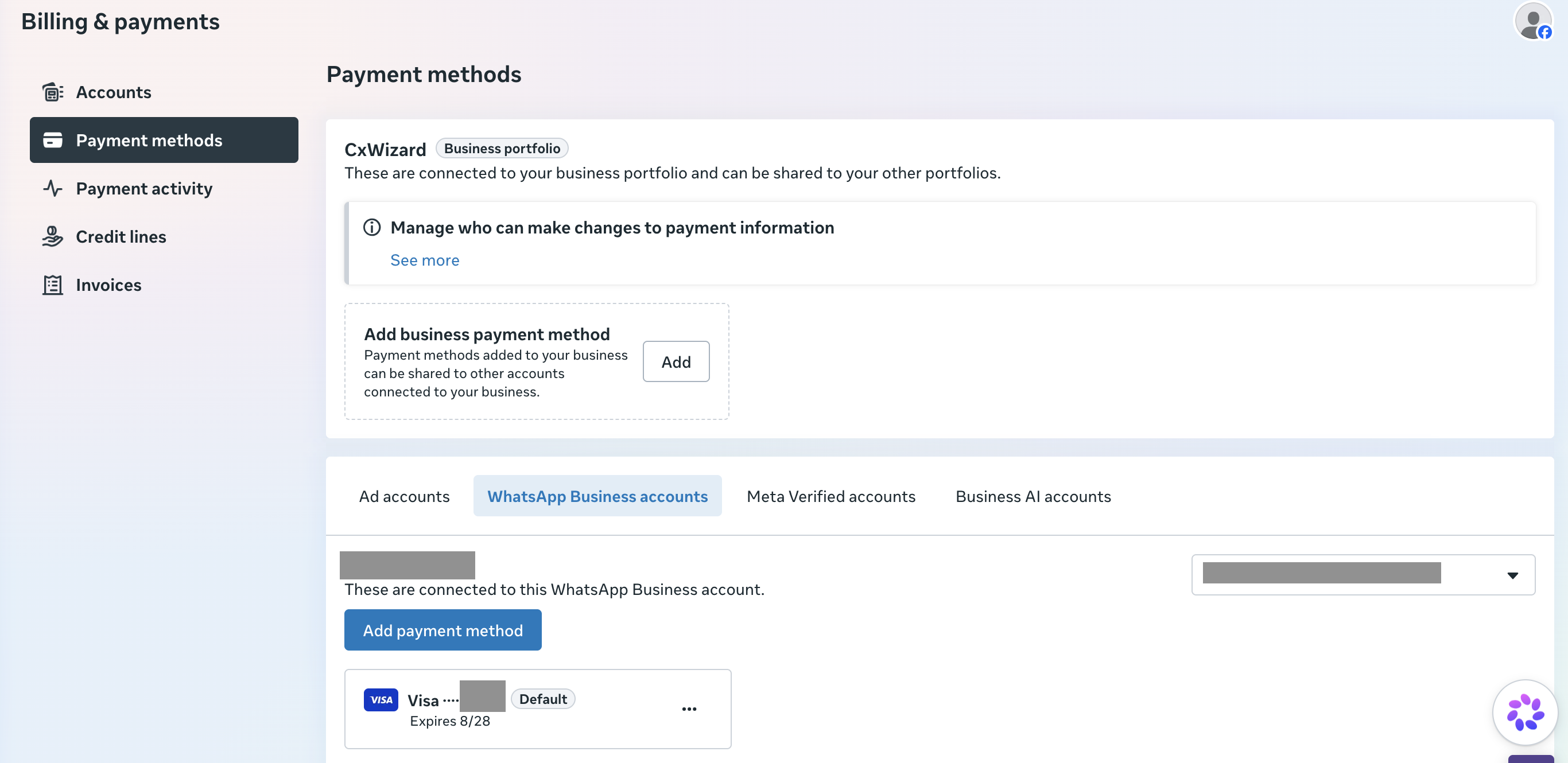 Add payment method button and existing card on a WhatsApp Business account