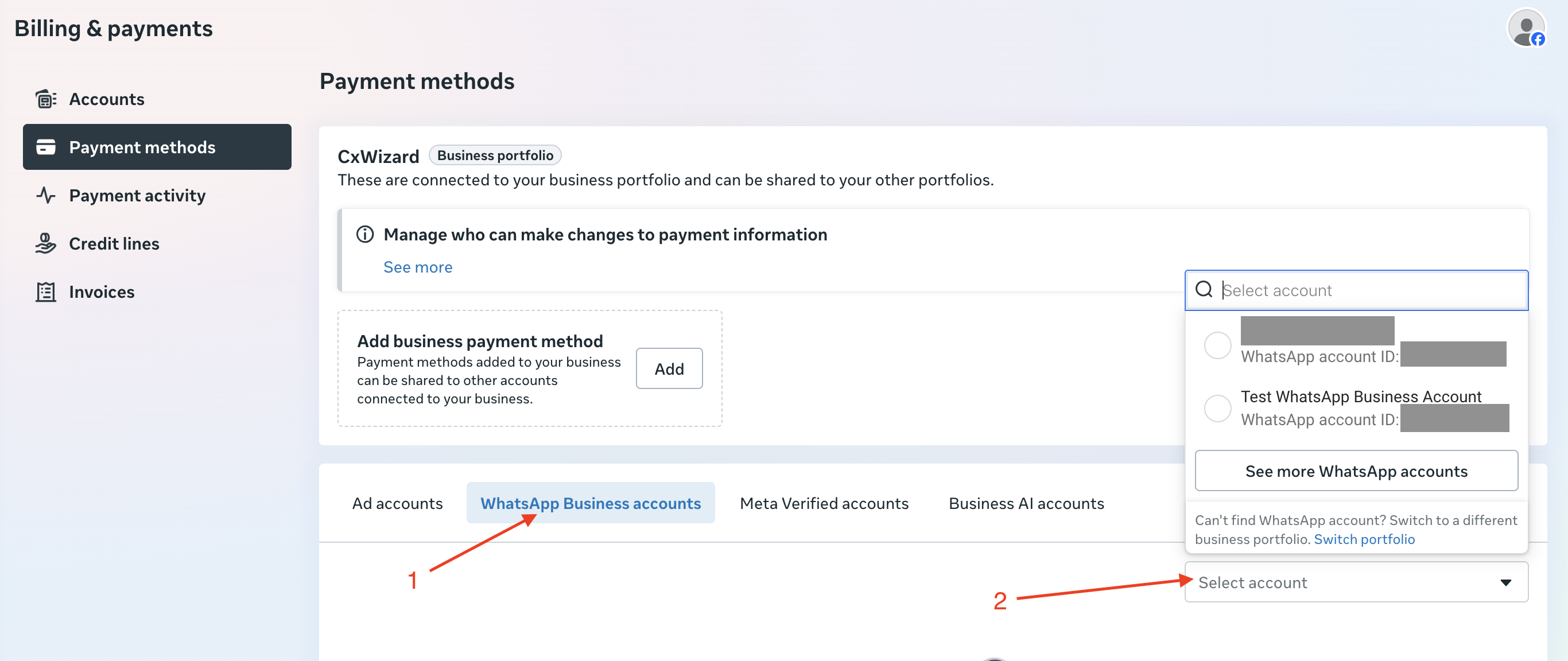 Select WhatsApp Business accounts tab and choose an account from the Select account dropdown